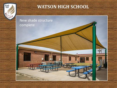 Watson High School, new shade structure complete. One photo of structure.
